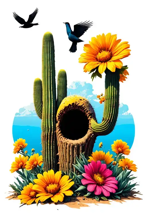 Saguaro cactus with a worn out hole in the middle with the Arizona state bird flying out and flowers blooming on top tattoo design idea