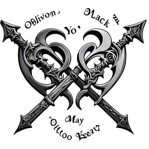 Kingdom Hearts tattoo that sees the two Keyblade of Roxas (Oblivion and Oathkeeper) crossed, with the writing '' May Yo tattoo design idea