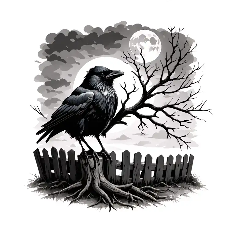 crow with graveyard fence tree with no leaves and moon  tattoo design idea