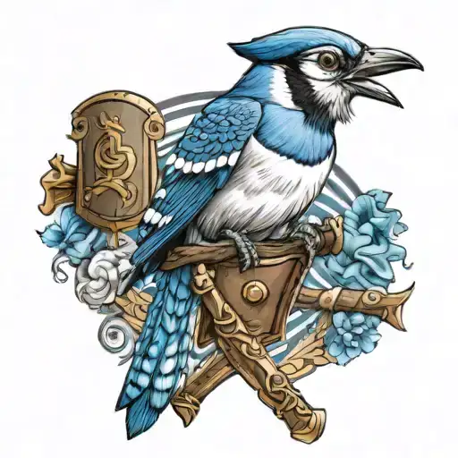 blue jay crossed with a strong Roman soldier with a sword and a shield that is the logo for the Toronto Blue Jays tattoo design idea