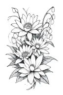 water lily, daisy, and lilly of the valley flowers intertwined tattoo design idea