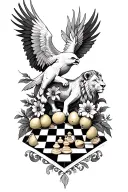 lemons, chess board, pheonix flying behind a lion, flowers tattoo design idea