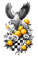 lemons, chess board, pheonix flying behind a lion, flowers tattoo design idea