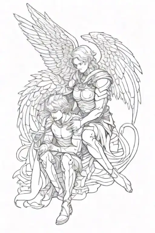 Angel and Dark knight holdin, both on the knees. She is white and he is dark  tattoo design idea
