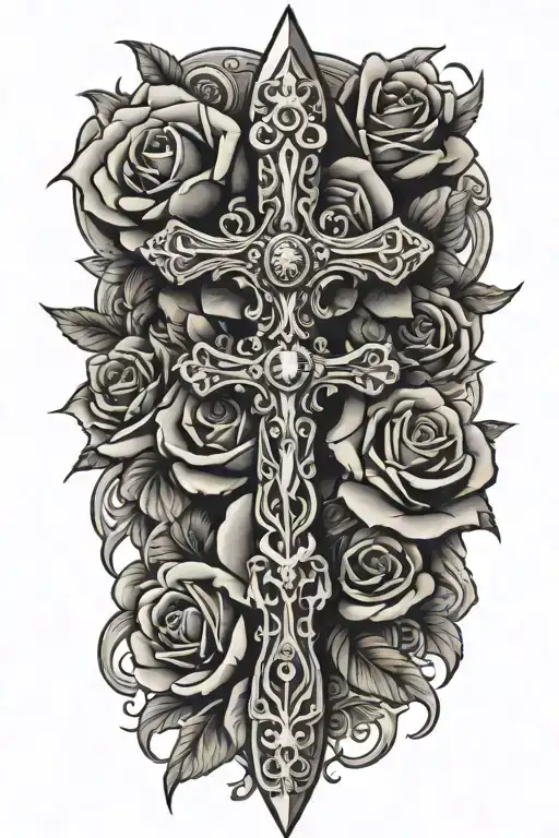 tribal dagger covered with roses and a cross surrounded tattoo design idea