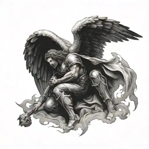 archangel Michael with a fallen angel kneeling before him in an apocalyptic battle scene tattoo design idea
