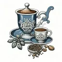 A design with the name of Amir cafe, 2 coffee beans and cup in navy blu and black colors tattoo design idea