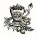 A design with the name of Amir cafe, 2 coffee beans and cup in navy blu and black colors tattoo design idea