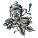 A design with the name of Amir cafe, 2 coffee beans and cup in navy blu and black colors tattoo design idea