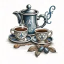 A design with the name of Amir cafe, 2 coffee beans and cup in navy blu and black colors tattoo design idea