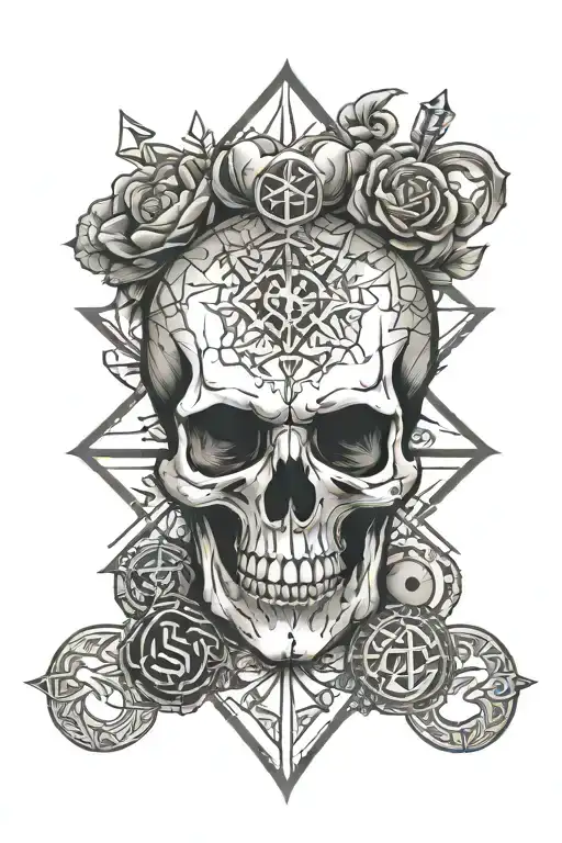 skull, heart, brain, geometric, runes, alchemy symbols tattoo design idea