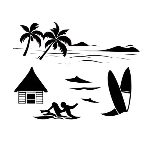 stamp with a beach hut 3 surfing plates and a palm tree tattoo design idea