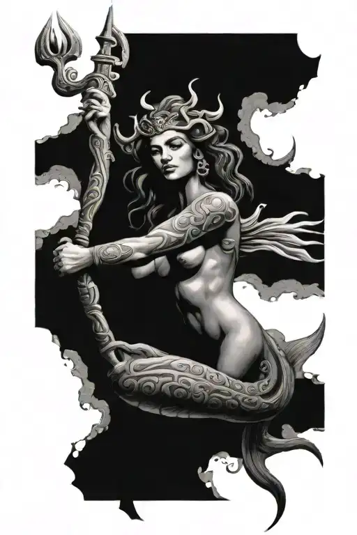 sunken Atlantis lost city with Medusa and trident  tattoo design idea