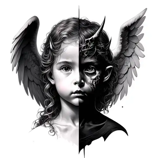 half face child angel half demon tattoo design idea