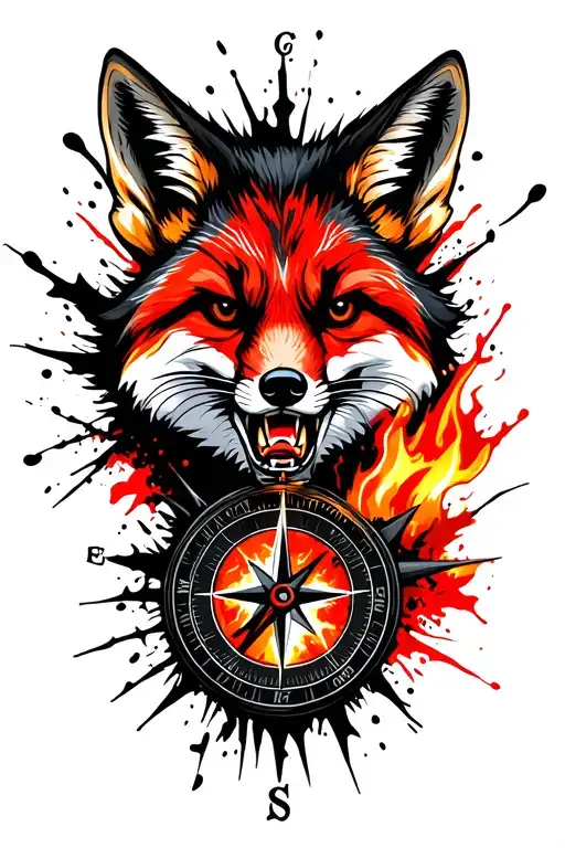 Compass with a angry fox. Black forest, black windmill, orange campfire. tattoo design idea