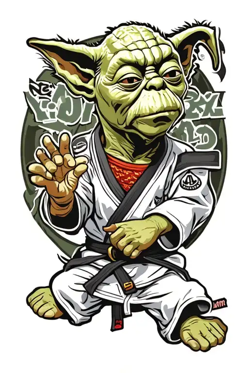 Master Yoda in a white BJJ gi amd black belt. tattoo design idea