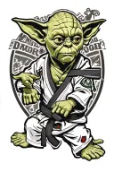 Master Yoda in a white BJJ gi amd black belt. tattoo design idea