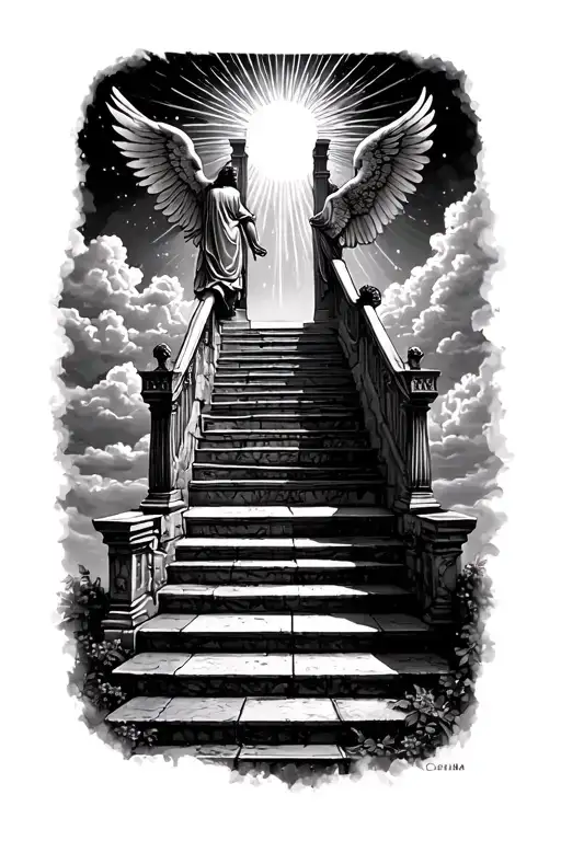 stairway to heaven walking up stairs angels sun rays clouds heaven gate at the top of the stairs  tattoo design idea