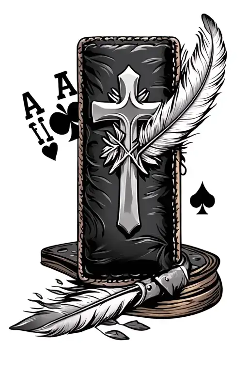 background is tooled leather with deck of aces coming out and a cross and cow tag and leaf feather tattoo design idea