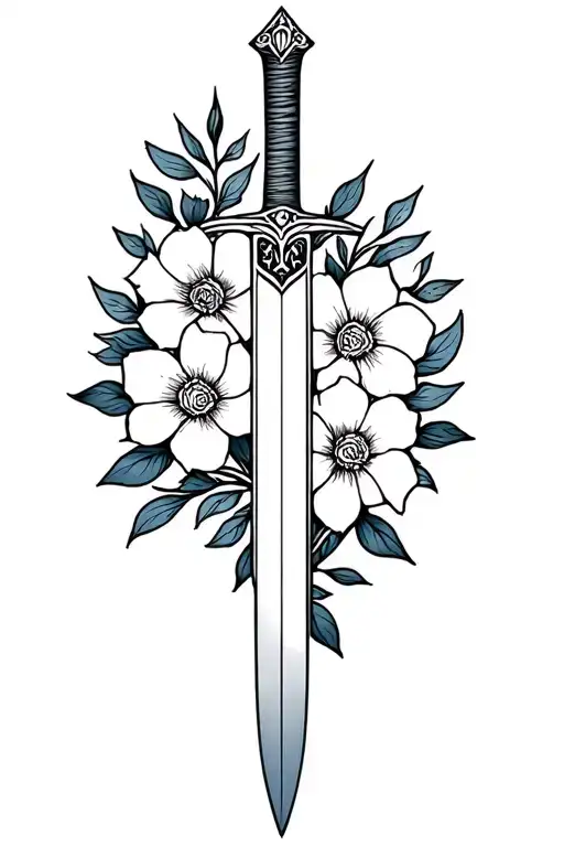 sword and flowers tattoo design idea