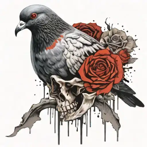 pigeon sitting on skull with roses tattoo design idea