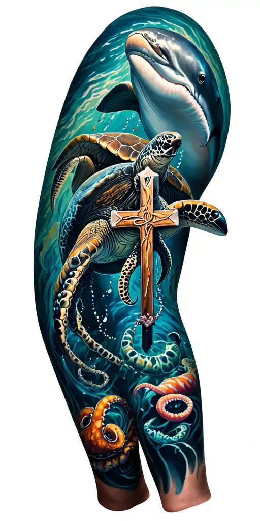 Full color ocean themed leg sleeve with a falling  cross necklace dolphin sea turtle octopus and shark tattoo design idea