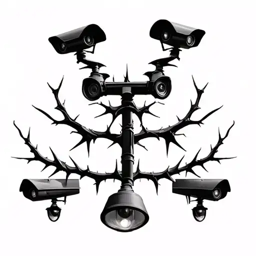 Surveillance cameras on a crowl instead of the lamps, black, whipped shading, thorns instesd of metall strud, cables tattoo design idea