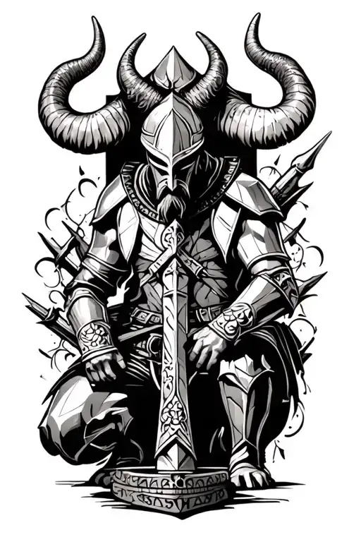 Templar knight, kneeling, dying no horns tattoo design idea
