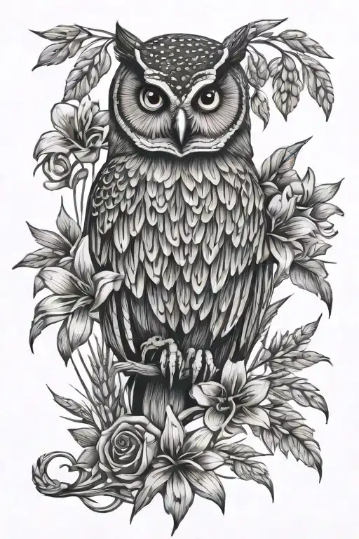 lilly flowers, owl, wheat stalk intertwined tattoo design idea