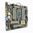 computer Motherboard, cpu chip embedded, graphics card, ram, io plate, wired channels, wires ATX Motherboard gold black tattoo design idea