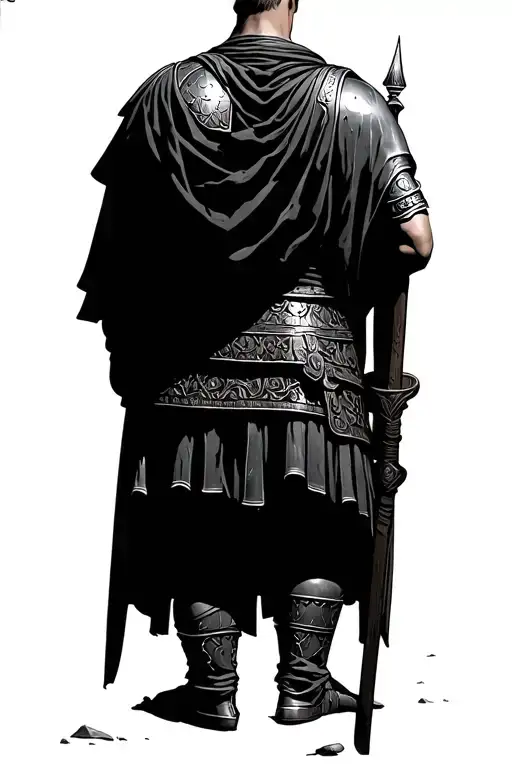 ancient Roman soldier back facing away standing on empty battlefield tattoo design idea