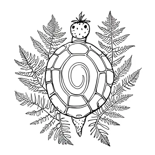 In minimalist line work style: Turtle shell at center surrounded by silver ferns.  A strawberry, and travel voyager ge tattoo design idea