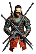 samurai with ar15 rifle on his back and swords in his hands down by his sides. face is a skull tattoo design idea