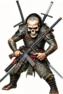 samurai with ar15 rifle on his back and swords in his hands down by his sides. face is a skull tattoo design idea