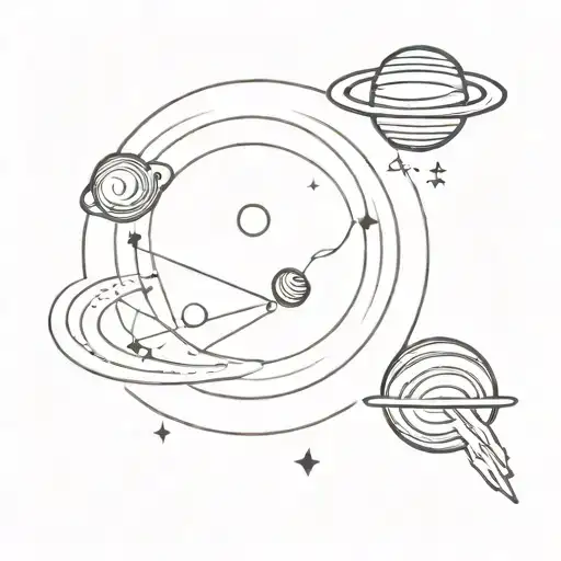 space theme, planets and stars, space ship flying through the middle, concentric circles tattoo design idea