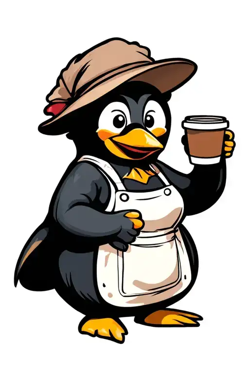 female penguin wearing apron holding coffee cup tattoo design idea