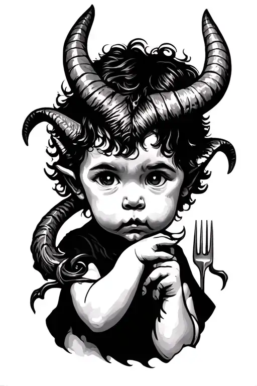 baby Devil flash tattoo with hornes and pickfork tattoo design idea