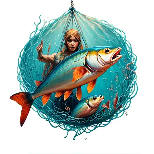 Fisker holding a large, intricate fishing net filled with exotic sea creatures tattoo design idea