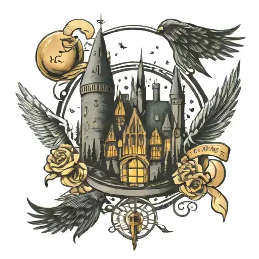 harry potter tattoo with the castle, the golden snitch, the deathly hallows and the spell expecto patronum tattoo design idea
