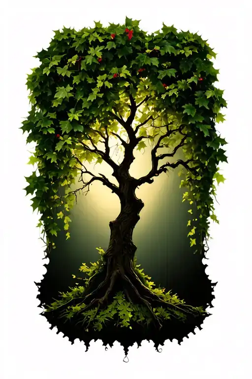 elder tree, holly tree, ivy tree silhouette tattoo design idea
