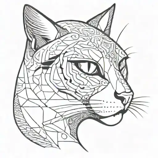 Black and white, Cat  with eyes like Emerald, a Symbol of Taurus and a symbol of a snake, moon and sun tattoo design idea