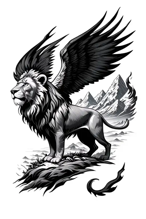 lion and Patagonia mountains rising Phoenix from fire tattoo design idea