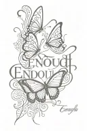 the word "enough" written in cursive with a butterfly and a cross but have the bufferfly coming out of the H in enough tattoo design idea