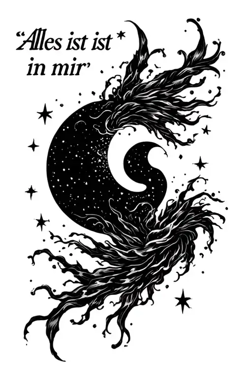 "Alles ist in mir" "Everything is in me" wind blowing, sonne, mond und sterne tattoo design idea