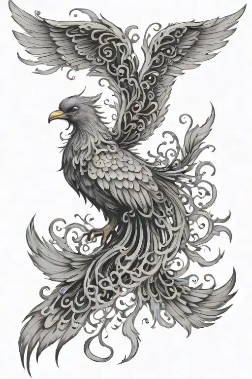 A reborn phoenix, its wings merging into patterns of galaxies and stars. The base of the phoenix can be a tree or roots tattoo design idea