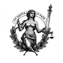 Femis with Libra and Sword inside a laurel wreath, around which is the inscription "Fiat Iustitia, et pass" tattoo design idea