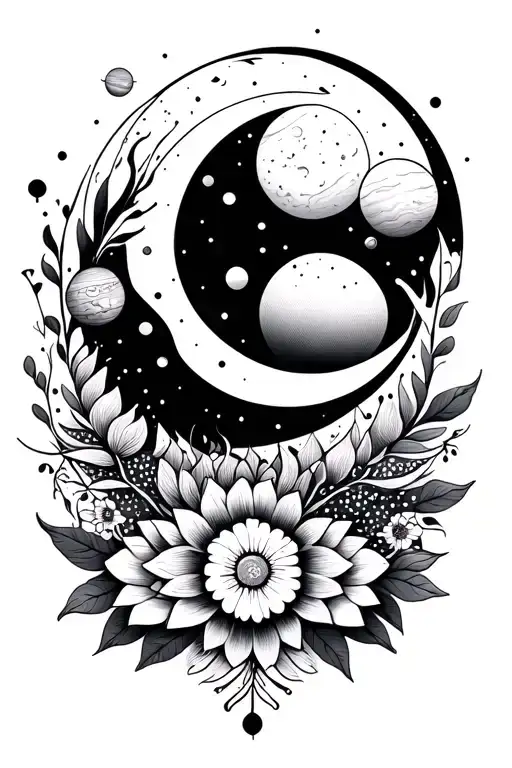 create a floral vibe mandala design with a simple clean lines with a simple moon and solar system around the outside, an tattoo design idea