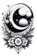 create a floral vibe mandala design with a simple clean lines with a simple moon and solar system around the outside, an tattoo design idea