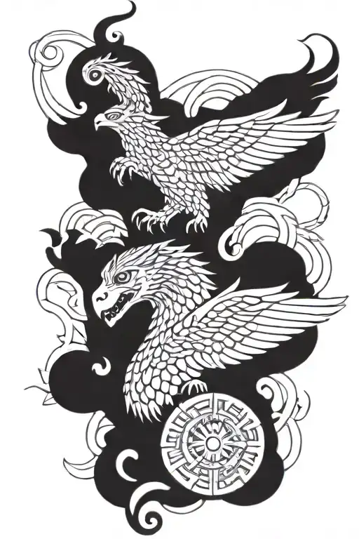 surrounding a gods eye, serpent south, jaguar west, dragon north, eagle east. tattoo design idea