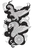 surrounding a gods eye, serpent south, jaguar west, dragon north, eagle east. tattoo design idea
